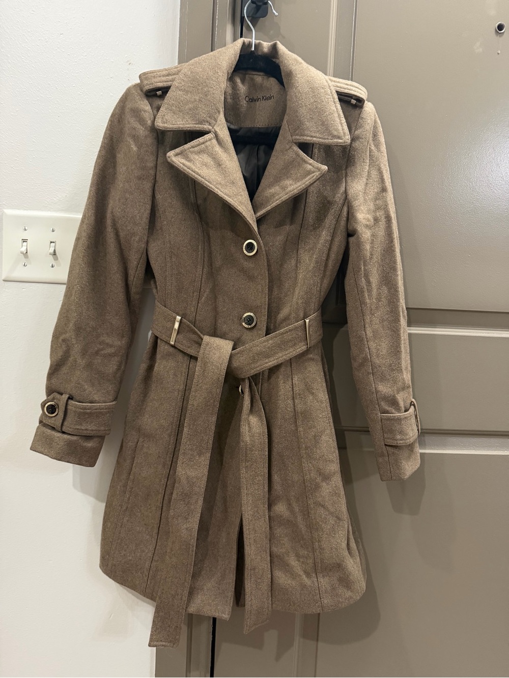 Calvin Klein Taupe Belted Wool-Blend Trench Coat
